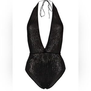 Bergdorf Goodman Noir Oseree Black Sequin Halter Bodysuit/Bathing Suit